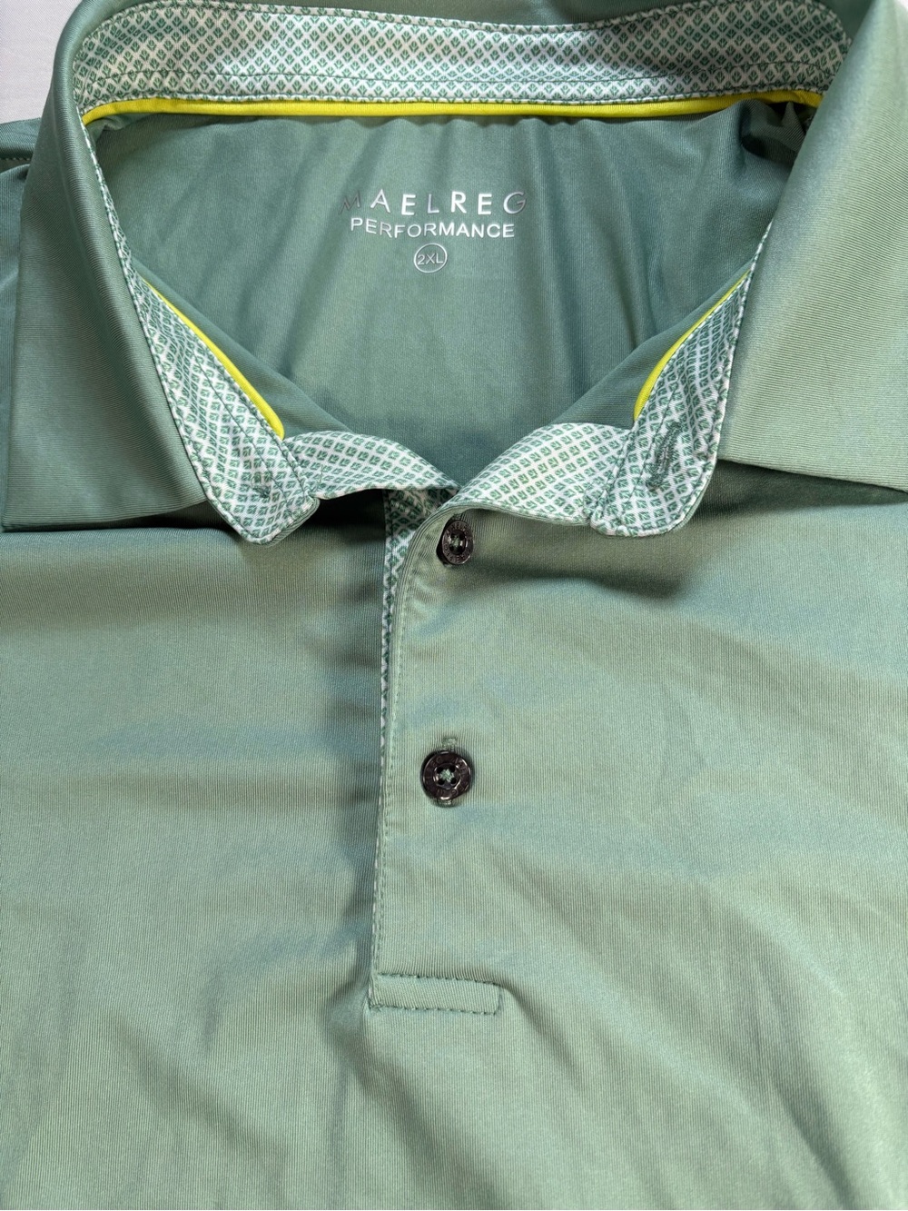 Maelreg Mens 2XL Golf Performance Polo Shirt Sage Green Diamond Collar Print